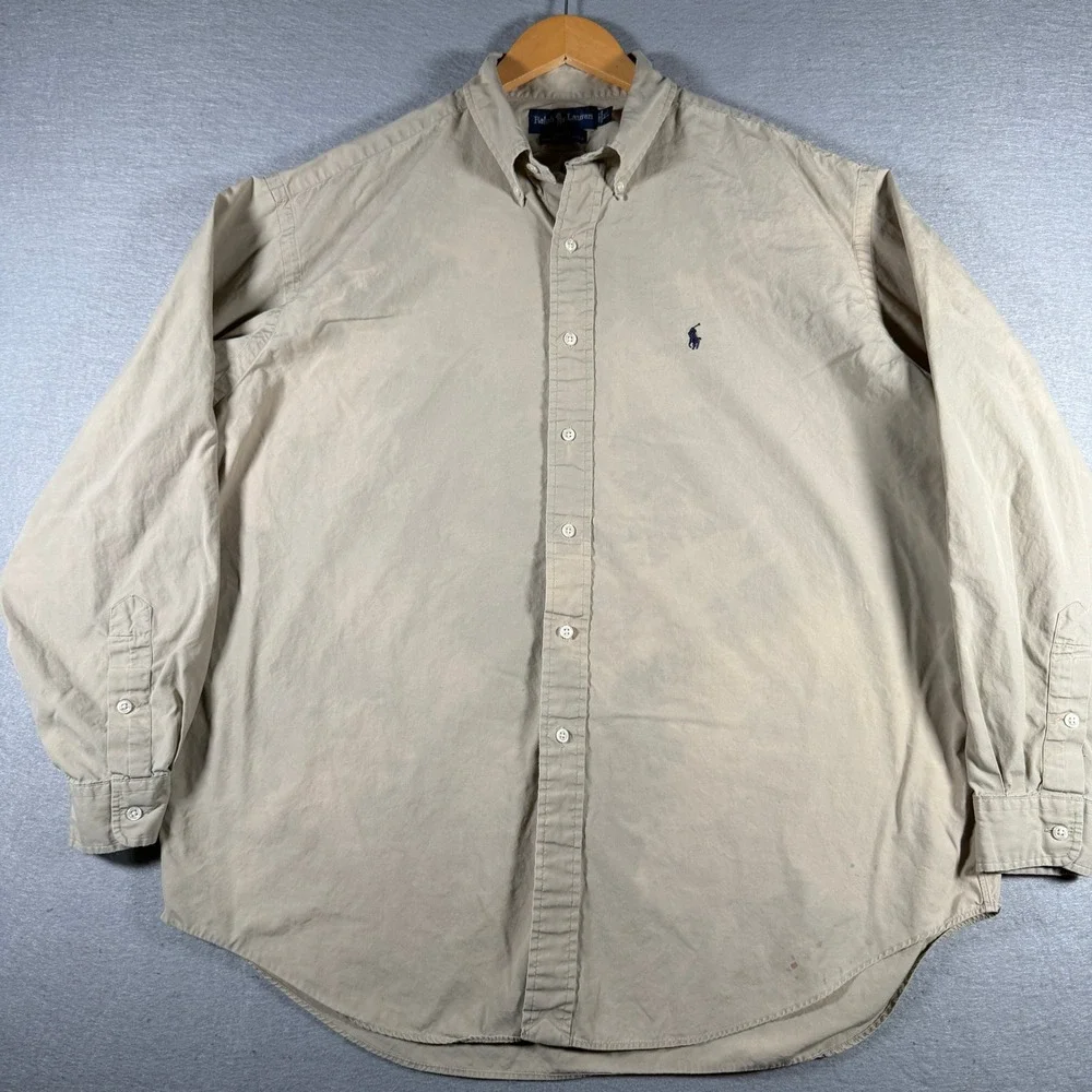 Ralph Lauren Blake Mens XL Khaki Tan 100% Two-Ply Cotton Button Down Shirt Pony